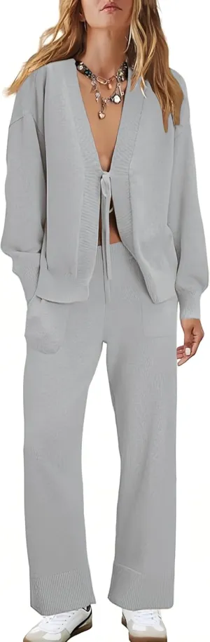 Womens Two Piece Sweater Sets Comfy Loungewear Set V-Neck Cardigan Pant Matching Pajama Sets Sweatsuit Outfits