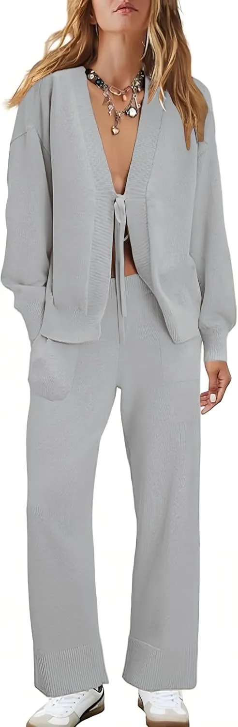 Womens Two Piece Sweater Sets Comfy Loungewear Set V-Neck Cardigan Pant Matching Pajama Sets Sweatsuit Outfits