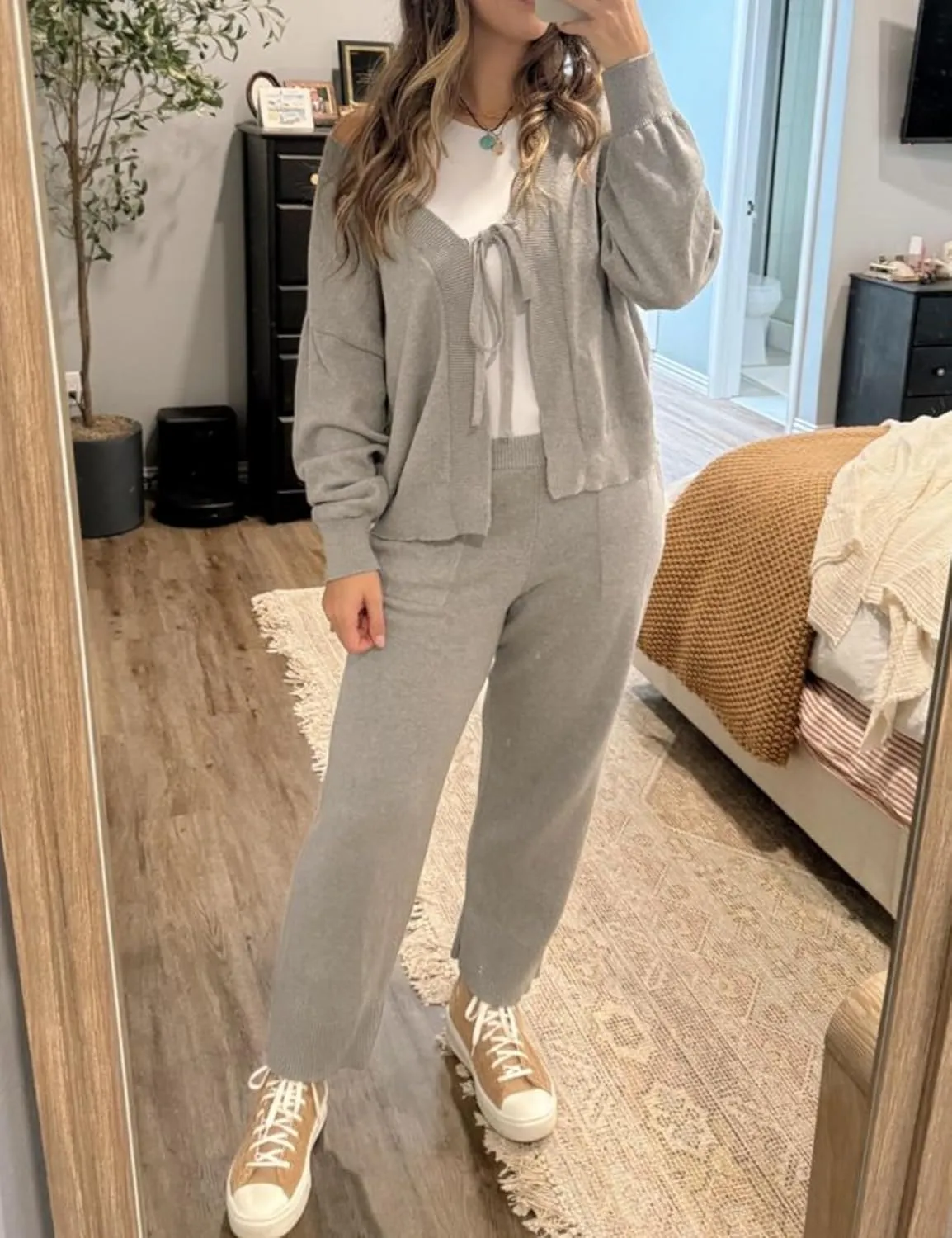 Womens Two Piece Sweater Sets Comfy Loungewear Set V-Neck Cardigan Pant Matching Pajama Sets Sweatsuit Outfits