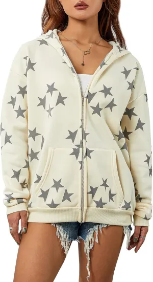 Women's Vintage Star Print Zip Up Hoodies Y2K Graphic Aesthetic Sweatshirt Fairycore 90S Teen Girl Fall Jacket