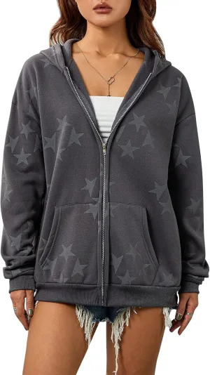 Women's Vintage Star Print Zip Up Hoodies Y2K Graphic Aesthetic Sweatshirt Fairycore 90S Teen Girl Fall Jacket
