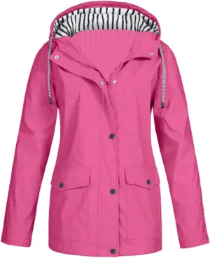 Womens Waterproof Rain Coat Lightweight Rain Jacket with Hood Outdoor Hooded Windbreaker Zip Up Trench Raincoat
