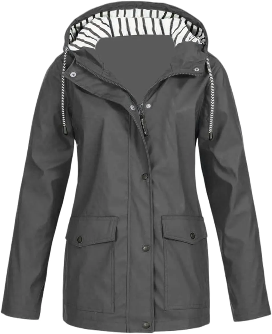 Womens Waterproof Rain Coat Lightweight Rain Jacket with Hood Outdoor Hooded Windbreaker Zip Up Trench Raincoat