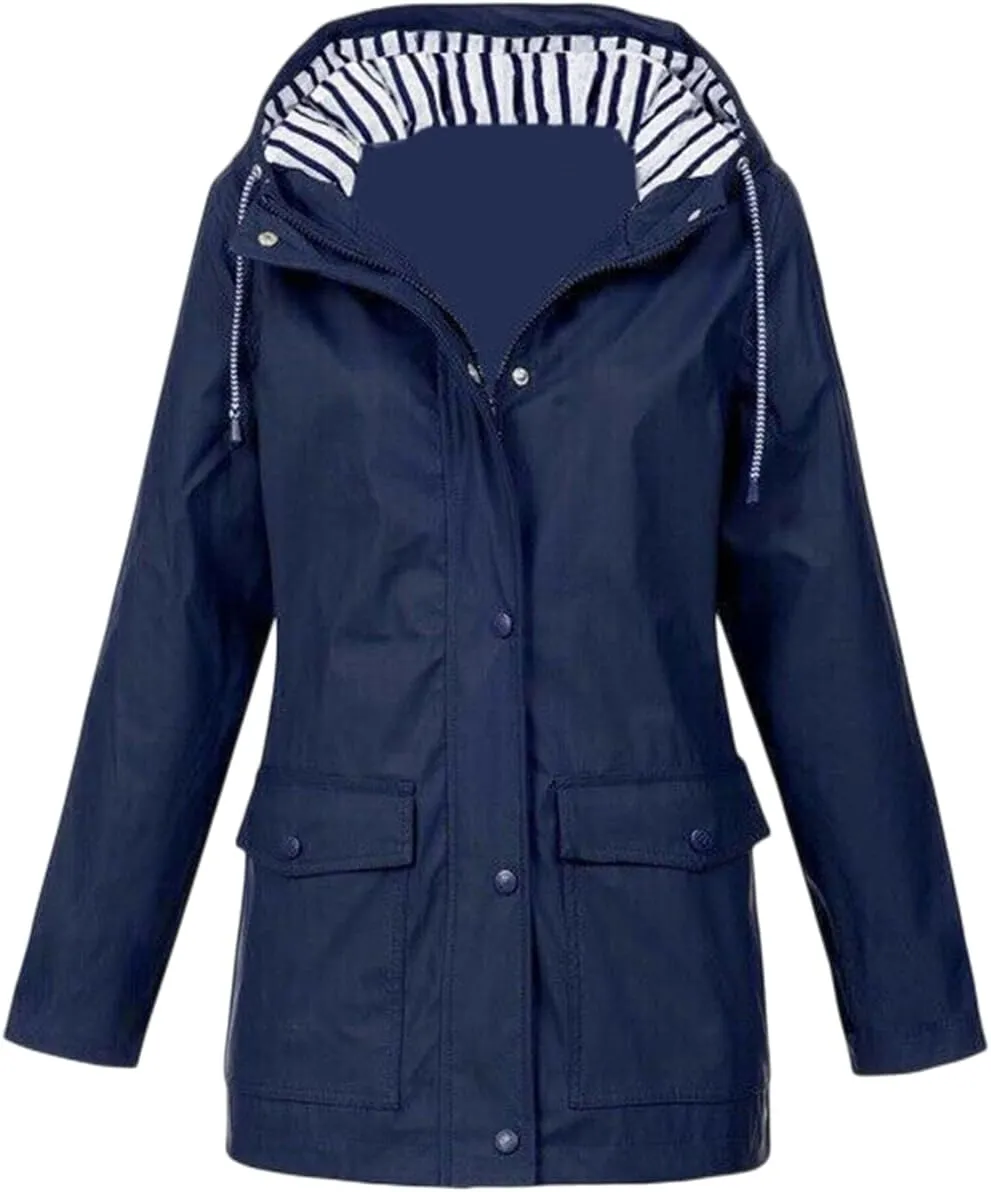 Womens Waterproof Rain Coat Lightweight Rain Jacket with Hood Outdoor Hooded Windbreaker Zip Up Trench Raincoat