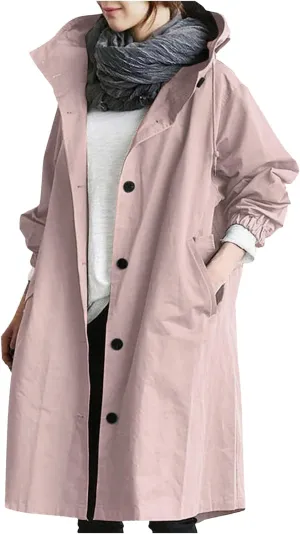 Women's Waterproof Trench Coat Long Double Breasted Windbreaker Classic Belted Lapel Overcoat with Removable Hood