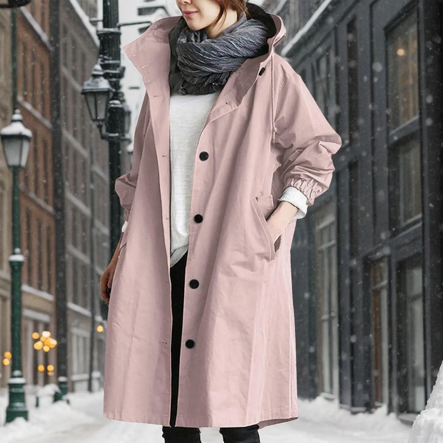 Women's Waterproof Trench Coat Long Double Breasted Windbreaker Classic Belted Lapel Overcoat with Removable Hood