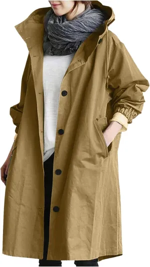 Women's Waterproof Trench Coat Long Double Breasted Windbreaker Classic Belted Lapel Overcoat with Removable Hood