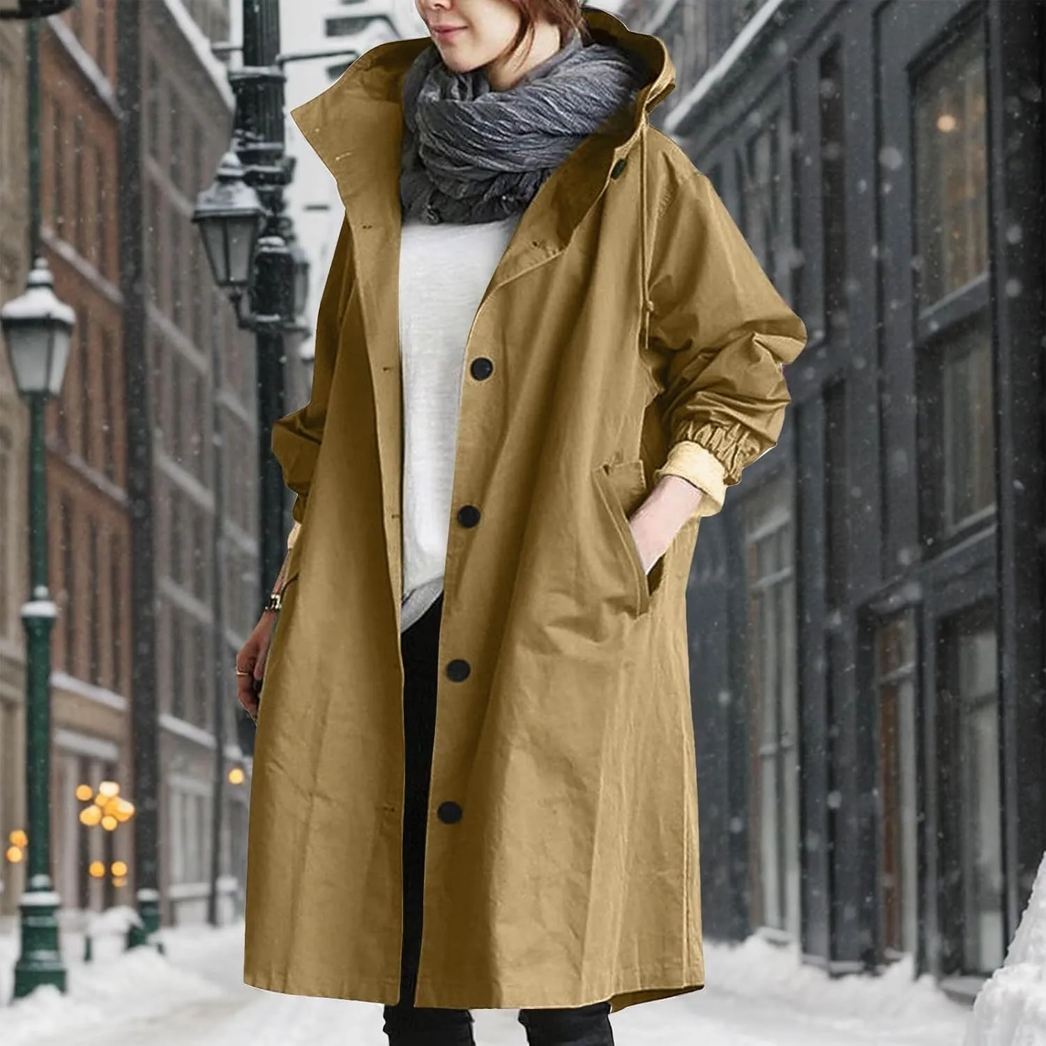 Women's Waterproof Trench Coat Long Double Breasted Windbreaker Classic Belted Lapel Overcoat with Removable Hood