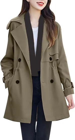 Women's Waterproof Trench Coat Mid-Long Double Breasted Windbreaker Jackets Lightweight Casual Classic Lapel Overcoat