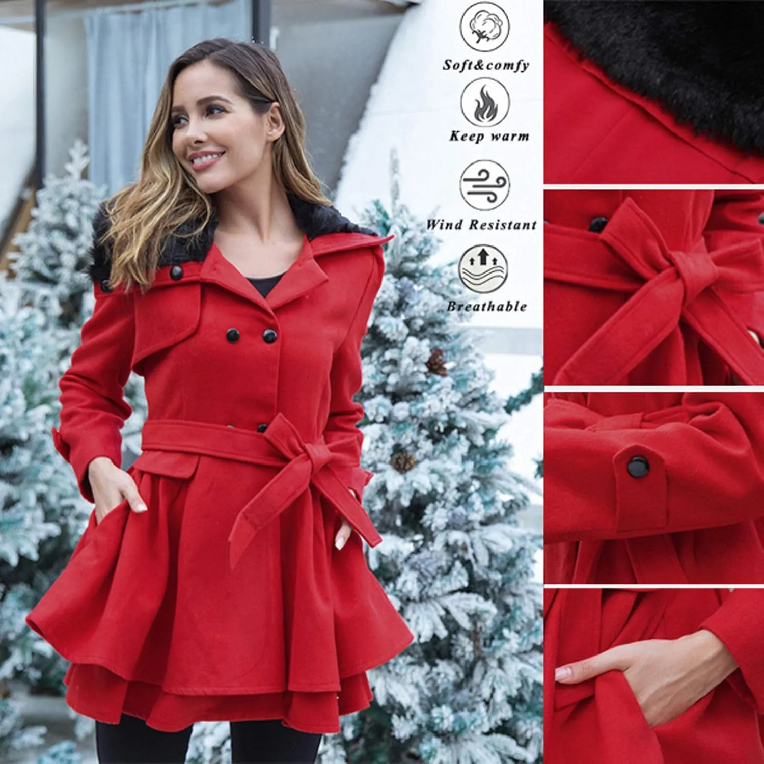 Womens Winter Coats Basic Collar Open Front Belted Wool Coat Casual Fashion Trench Coat Elegant Peacoat with Hood