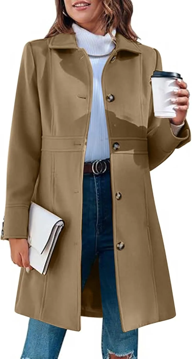 Women's Winter Coats Fashion, Classic Lapel Single-Breasted Overcoat Casual Outerwear Mid Long Trench Winter Jacket