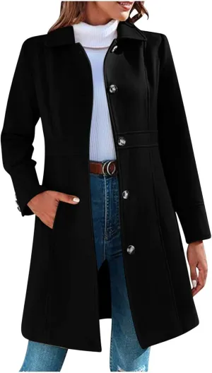 Women's Winter Coats Fashion, Classic Lapel Single-Breasted Overcoat Casual Outerwear Mid Long Trench Winter Jacket