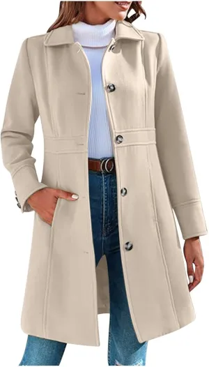 Women's Winter Coats Fashion, Classic Lapel Single-Breasted Overcoat Casual Outerwear Mid Long Trench Winter Jacket
