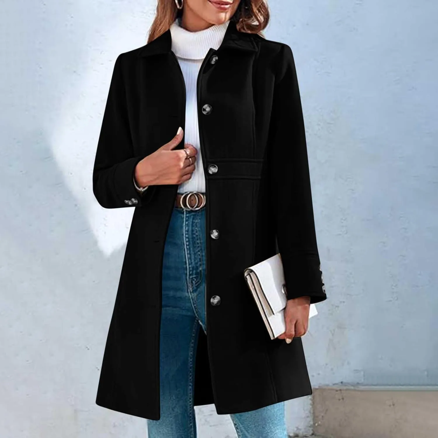 Women's Winter Coats Fashion, Classic Lapel Single-Breasted Overcoat Casual Outerwear Mid Long Trench Winter Jacket