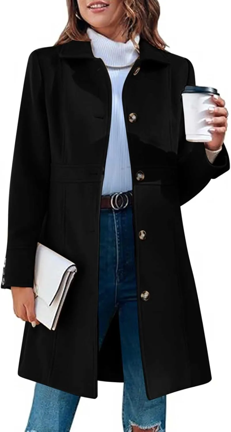 Women's Winter Coats Fashion, Classic Lapel Single-Breasted Overcoat Casual Outerwear Mid Long Trench Winter Jacket