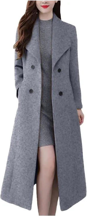 Women's Winter Long Double Breasted Pea Coat Notch Lapel Winter Wool Trench Coat Ladies Elegant Warm Coats Jackets