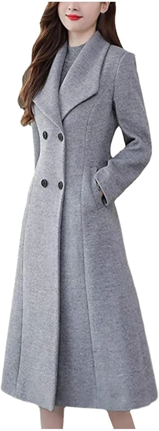 Women's Winter Long Double Breasted Pea Coat Notch Lapel Winter Wool Trench Coat Ladies Elegant Warm Coats Jackets