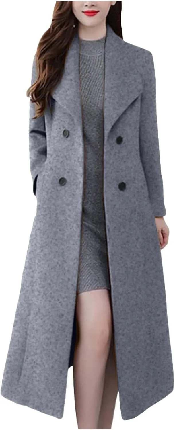 Women's Winter Long Double Breasted Pea Coat Notch Lapel Winter Wool Trench Coat Ladies Elegant Warm Coats Jackets