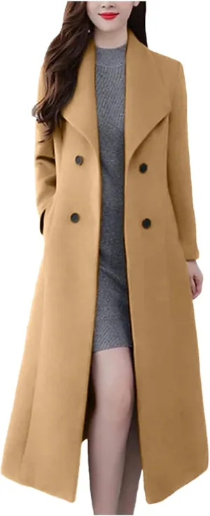 Women's Winter Long Double Breasted Pea Coat Notch Lapel Winter Wool Trench Coat Ladies Elegant Warm Coats Jackets