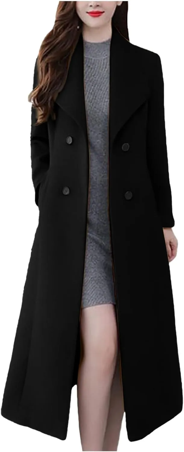 Women's Winter Long Double Breasted Pea Coat Notch Lapel Winter Wool Trench Coat Ladies Elegant Warm Coats Jackets