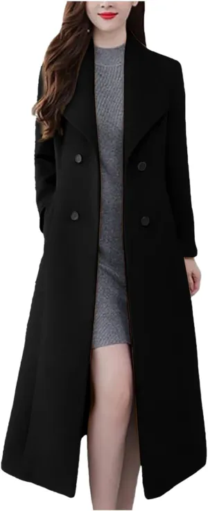 Women's Winter Long Double Breasted Pea Coat Notch Lapel Winter Wool Trench Coat Ladies Elegant Warm Coats Jackets
