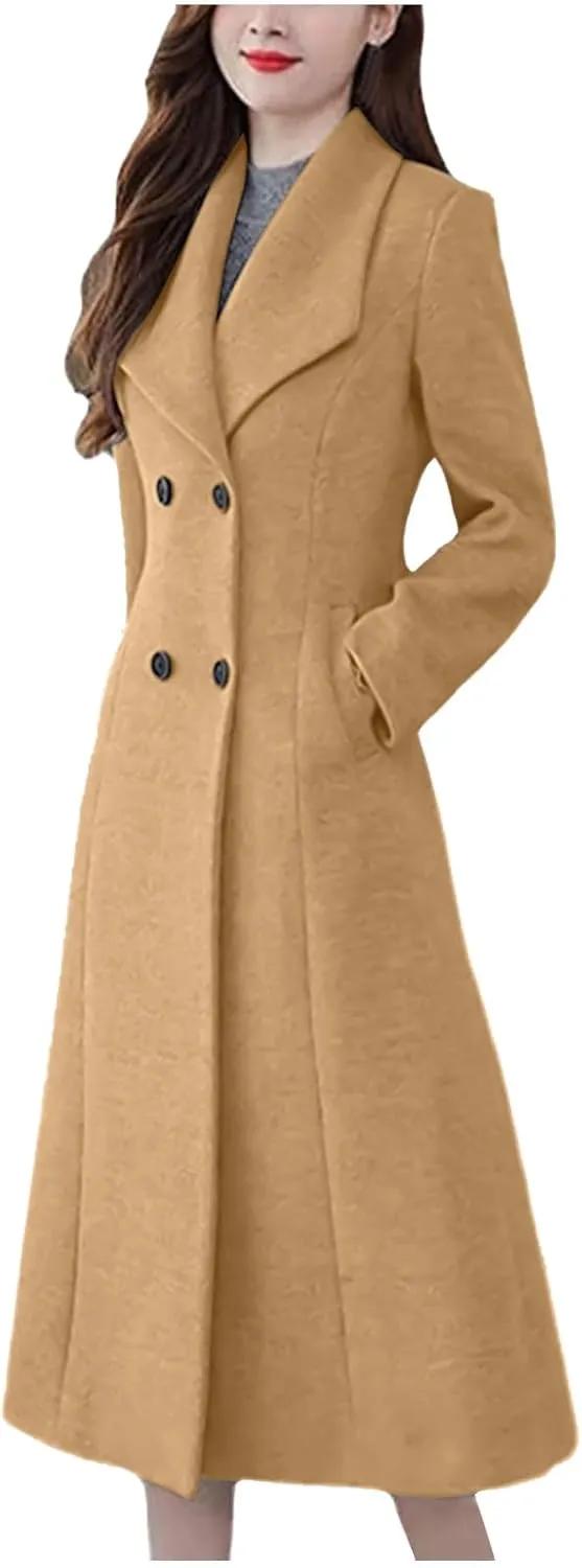 Women's Winter Long Double Breasted Pea Coat Notch Lapel Winter Wool Trench Coat Ladies Elegant Warm Coats Jackets