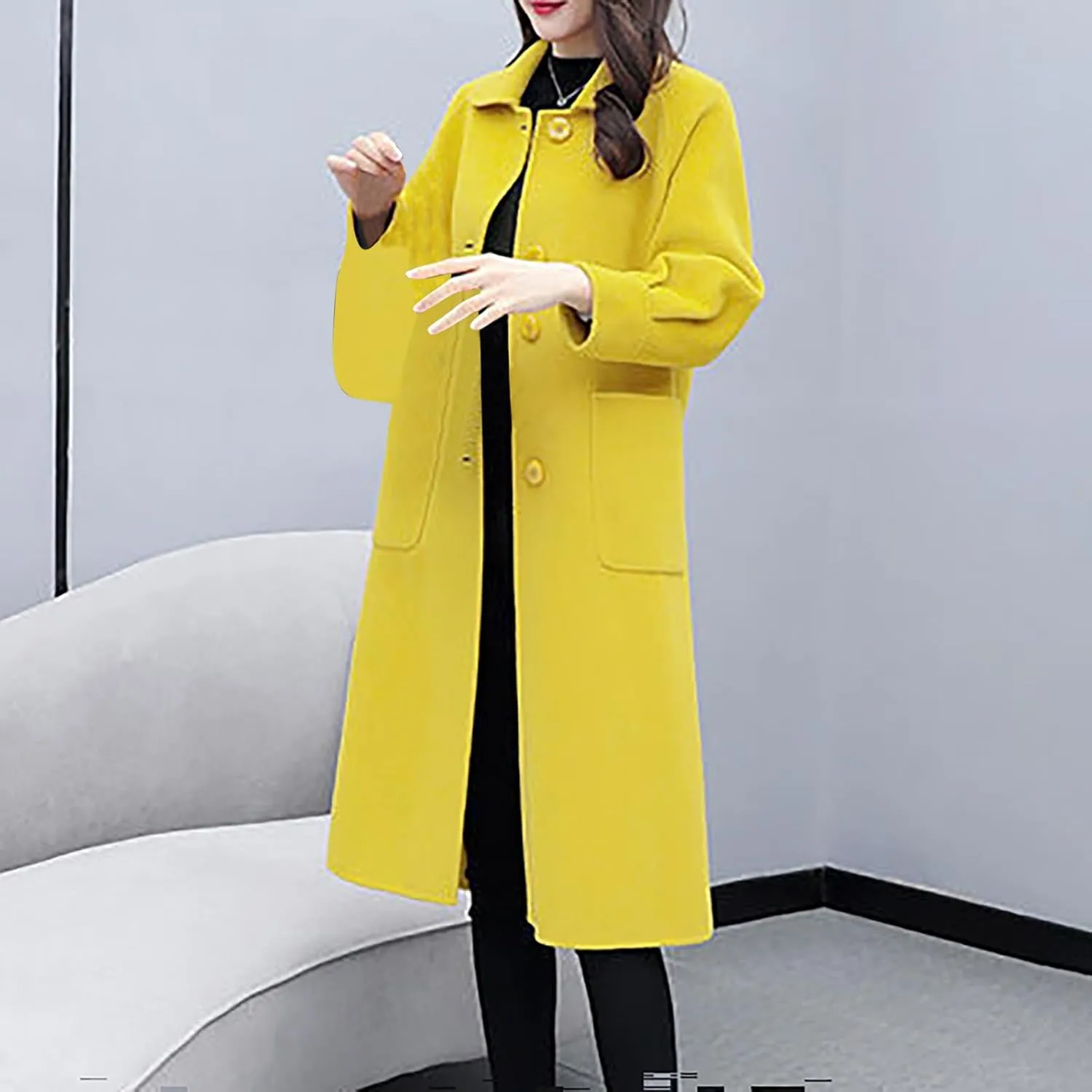 Womens Wool Blend Trench Coat 2024 Winter Elegant Single Breasted Peacoats Maxi Length Elegant Overcoat With Pockets