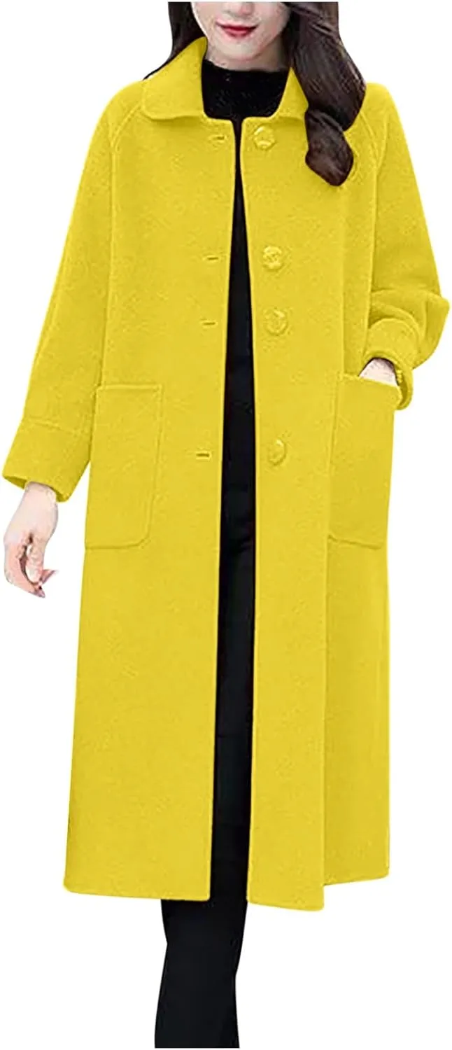 Womens Wool Blend Trench Coat 2024 Winter Elegant Single Breasted Peacoats Maxi Length Elegant Overcoat With Pockets