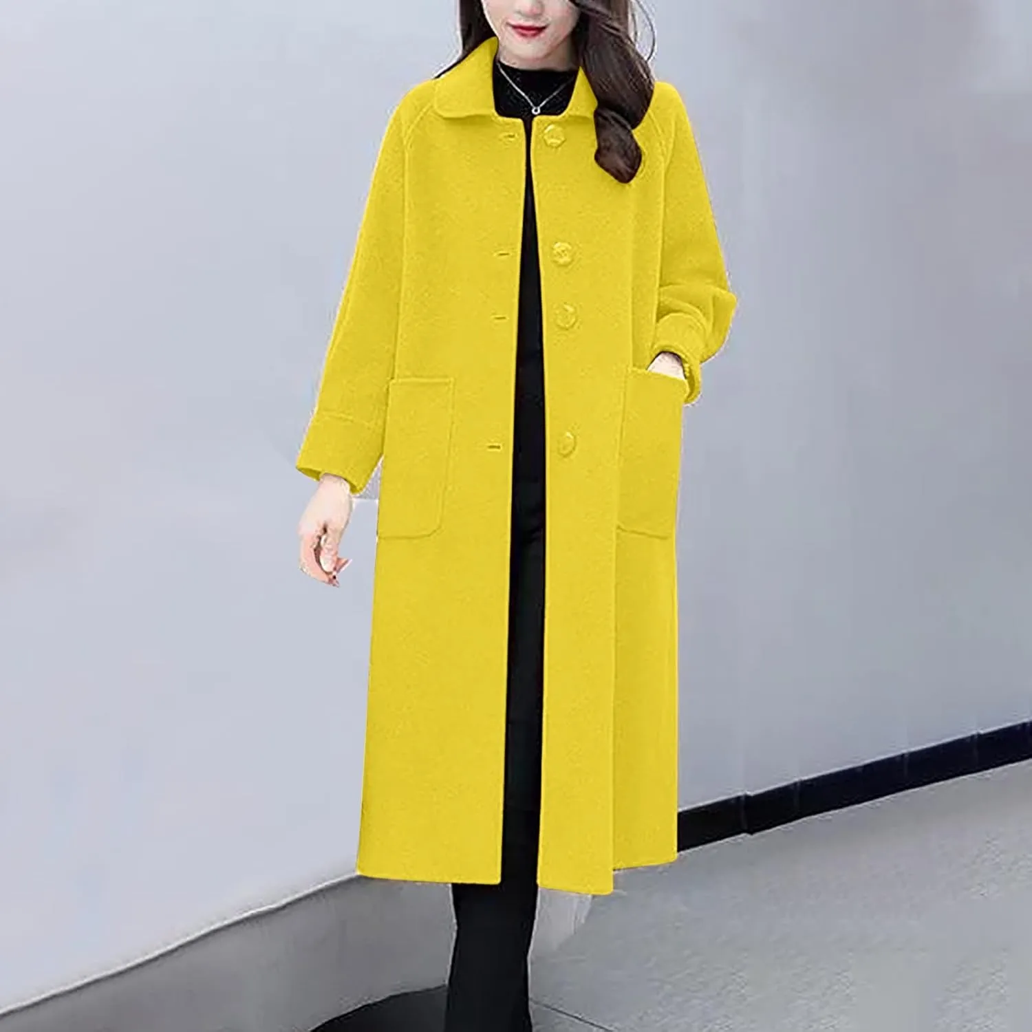 Womens Wool Blend Trench Coat 2024 Winter Elegant Single Breasted Peacoats Maxi Length Elegant Overcoat With Pockets