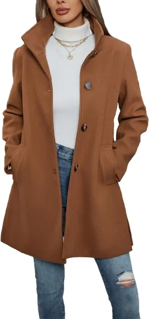 Women's Wool Blend Trench Coat Casual Lapel Overcoat Outerwear Long Sleeve Classic Single-Breasted Peacoat Jacket
