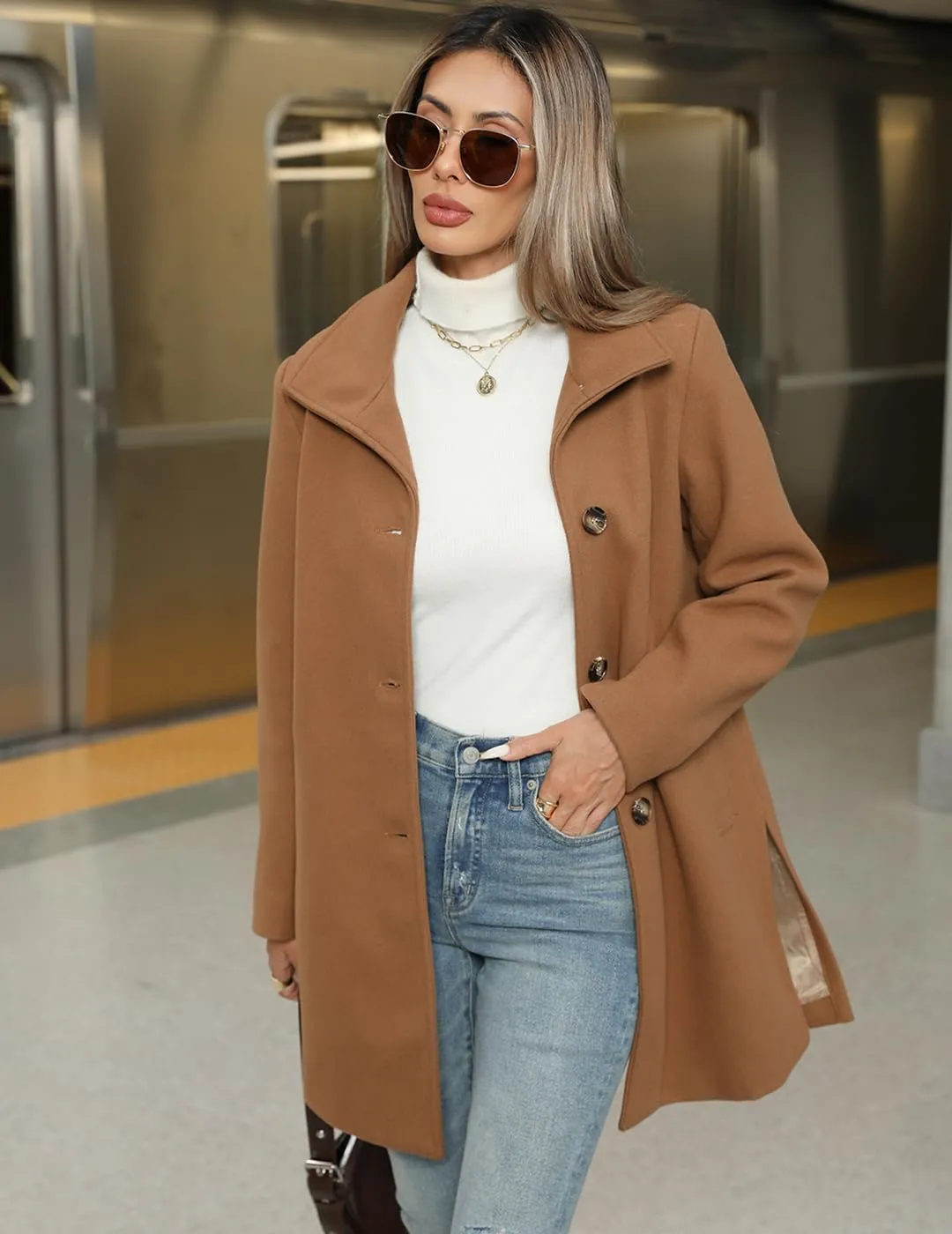 Women's Wool Blend Trench Coat Casual Lapel Overcoat Outerwear Long Sleeve Classic Single-Breasted Peacoat Jacket
