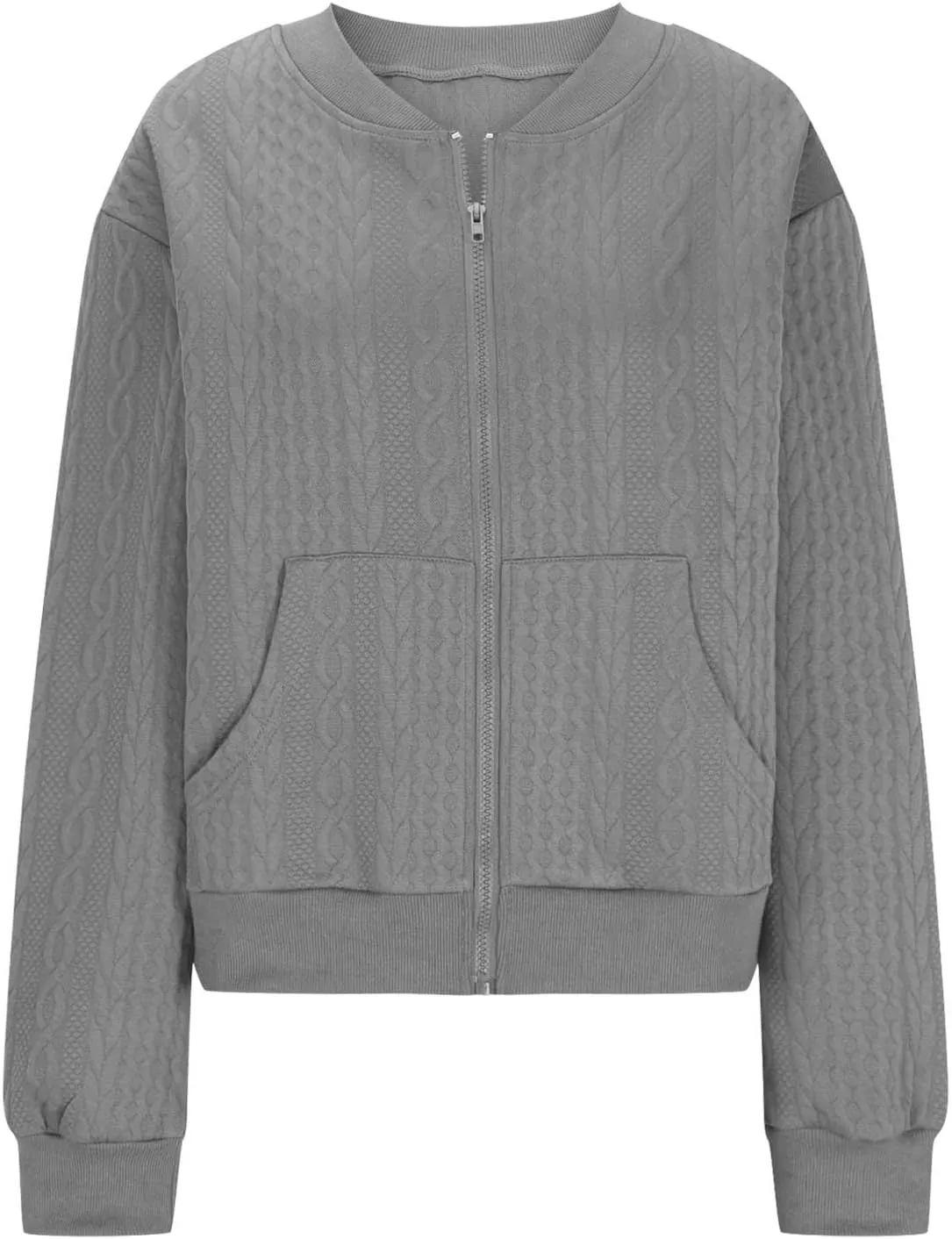Women's Zip Up Cardigan Sweater Cable Knit Jacket Long Sleeve Sweatshirt Solid Loose Comfy Outwear Coat with Pockets