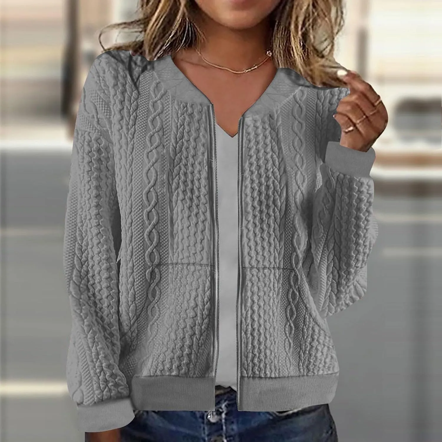 Women's Zip Up Cardigan Sweater Cable Knit Jacket Long Sleeve Sweatshirt Solid Loose Comfy Outwear Coat with Pockets