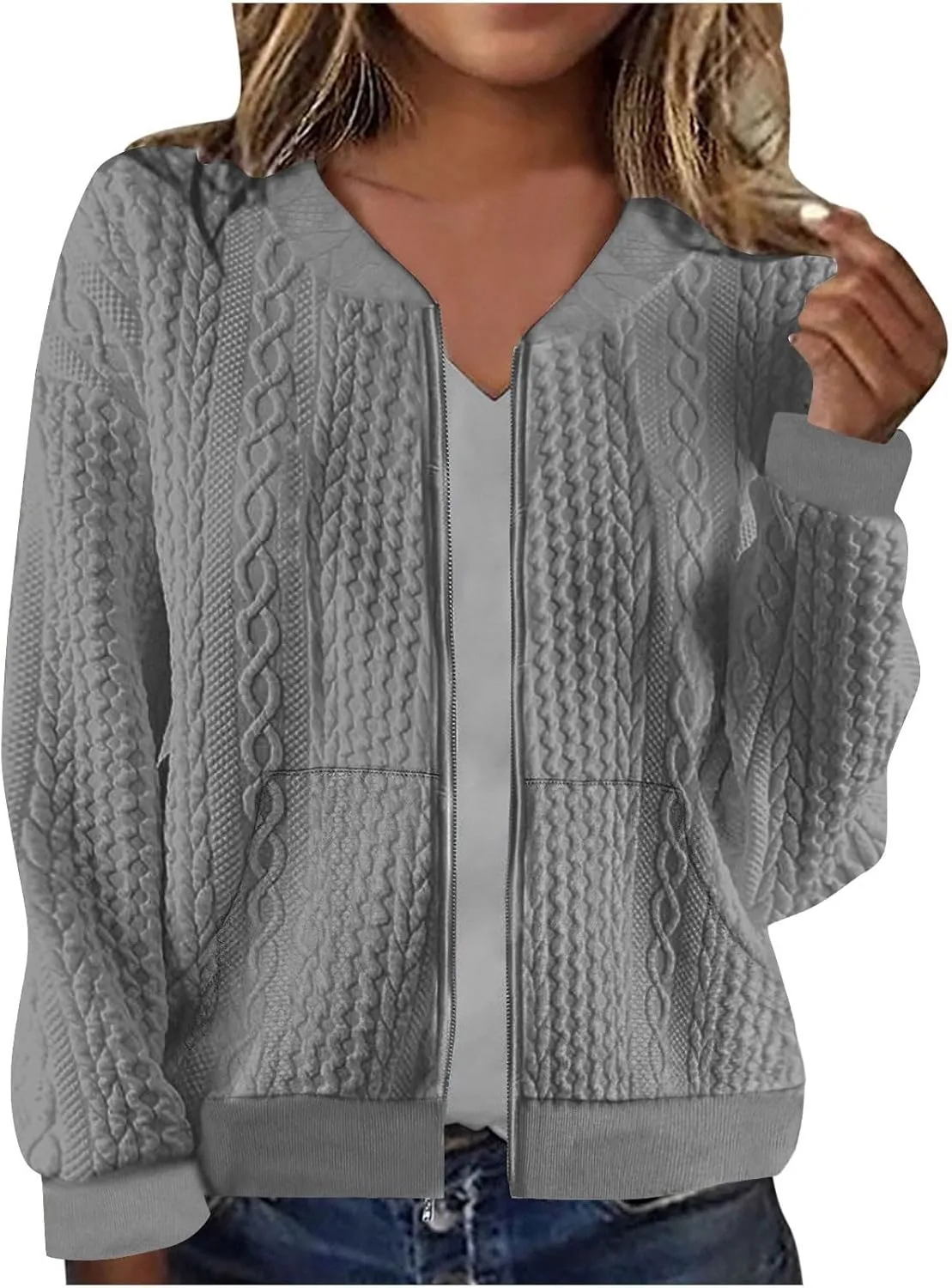 Women's Zip Up Cardigan Sweater Cable Knit Jacket Long Sleeve Sweatshirt Solid Loose Comfy Outwear Coat with Pockets