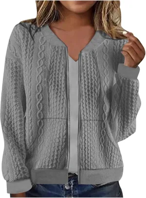 Women's Zip Up Cardigan Sweater Cable Knit Jacket Long Sleeve Sweatshirt Solid Loose Comfy Outwear Coat with Pockets