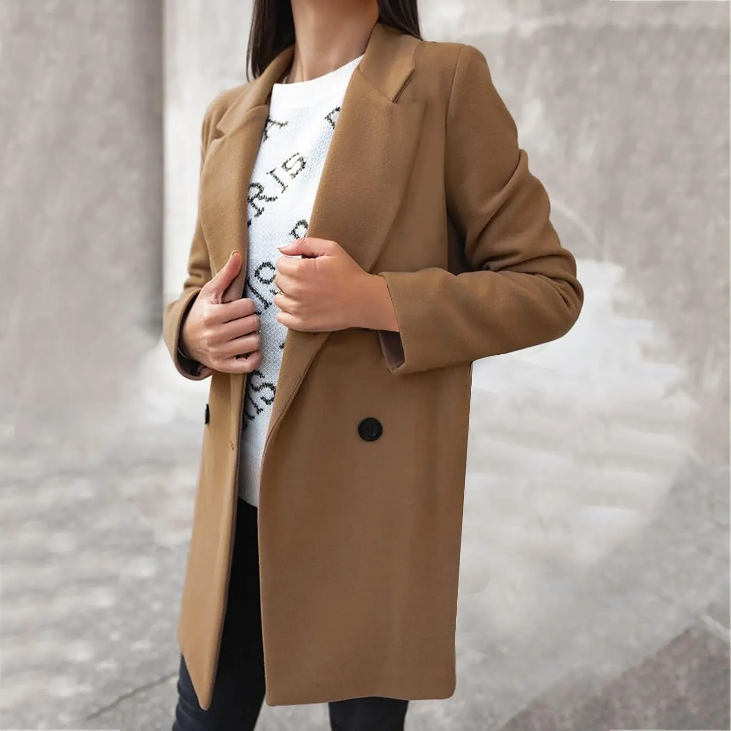 Wool Coats for Women Notched Lapel Collar Peacoat Fall Winter Elegant Outerwear Overcoat Trendy Woolen Trench Coat