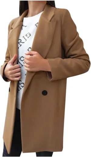 Wool Coats for Women Notched Lapel Collar Peacoat Fall Winter Elegant Outerwear Overcoat Trendy Woolen Trench Coat