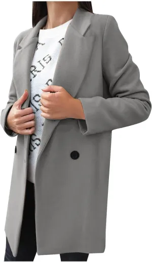 Wool Coats for Women Notched Lapel Collar Peacoat Fall Winter Elegant Outerwear Overcoat Trendy Woolen Trench Coat