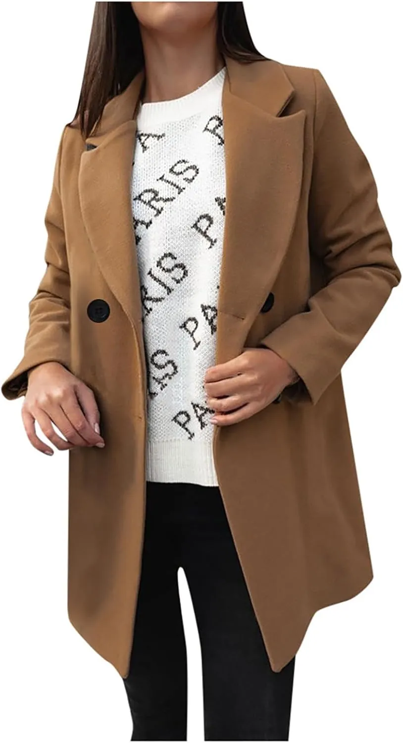 Wool Coats for Women Notched Lapel Collar Peacoat Fall Winter Elegant Outerwear Overcoat Trendy Woolen Trench Coat