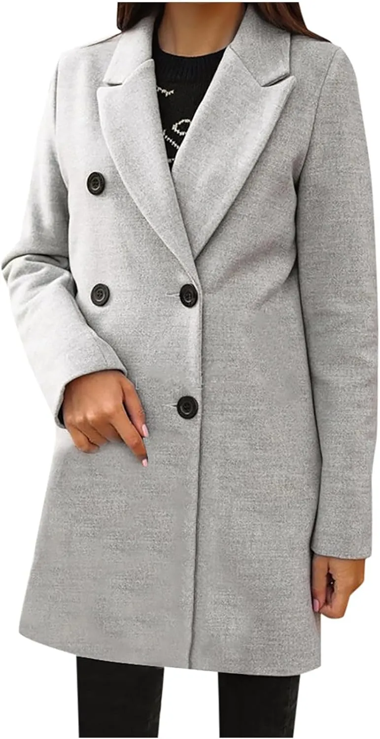 Wool Coats for Women Notched Lapel Collar Peacoat Fall Winter Elegant Outerwear Overcoat Trendy Woolen Trench Coat