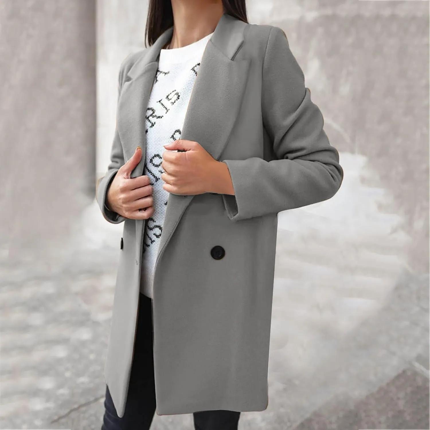 Wool Coats for Women Notched Lapel Collar Peacoat Fall Winter Elegant Outerwear Overcoat Trendy Woolen Trench Coat