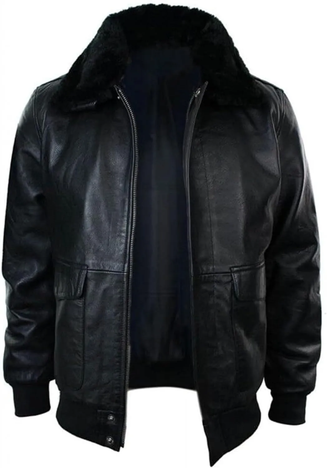 X-ception Aviator Navy G-1 Cockpit Flight Bomber Fur Collar Black Leather Jacket