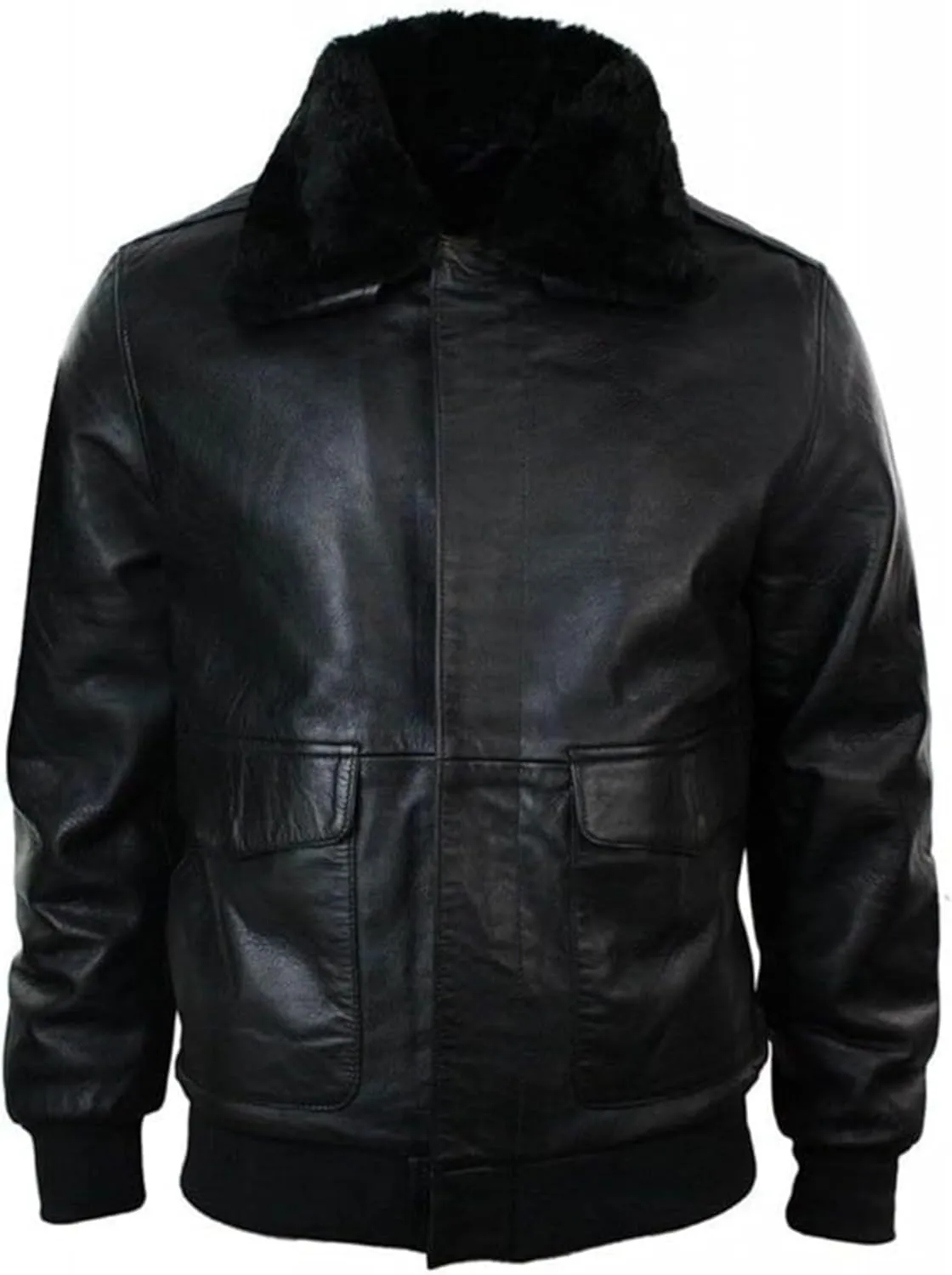 X-ception Aviator Navy G-1 Cockpit Flight Bomber Fur Collar Black Leather Jacket
