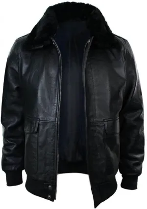 X-ception Aviator Navy G-1 Cockpit Flight Bomber Fur Collar Black Leather Jacket