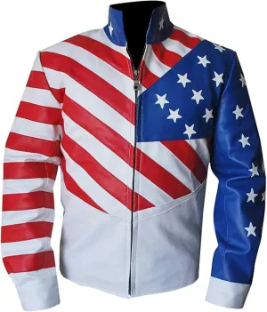 X-ception Mens Vanilla Ice American Flag Jacket Vintage Retro Style Motorcycle Genuine Leather Brando Biker Jacket