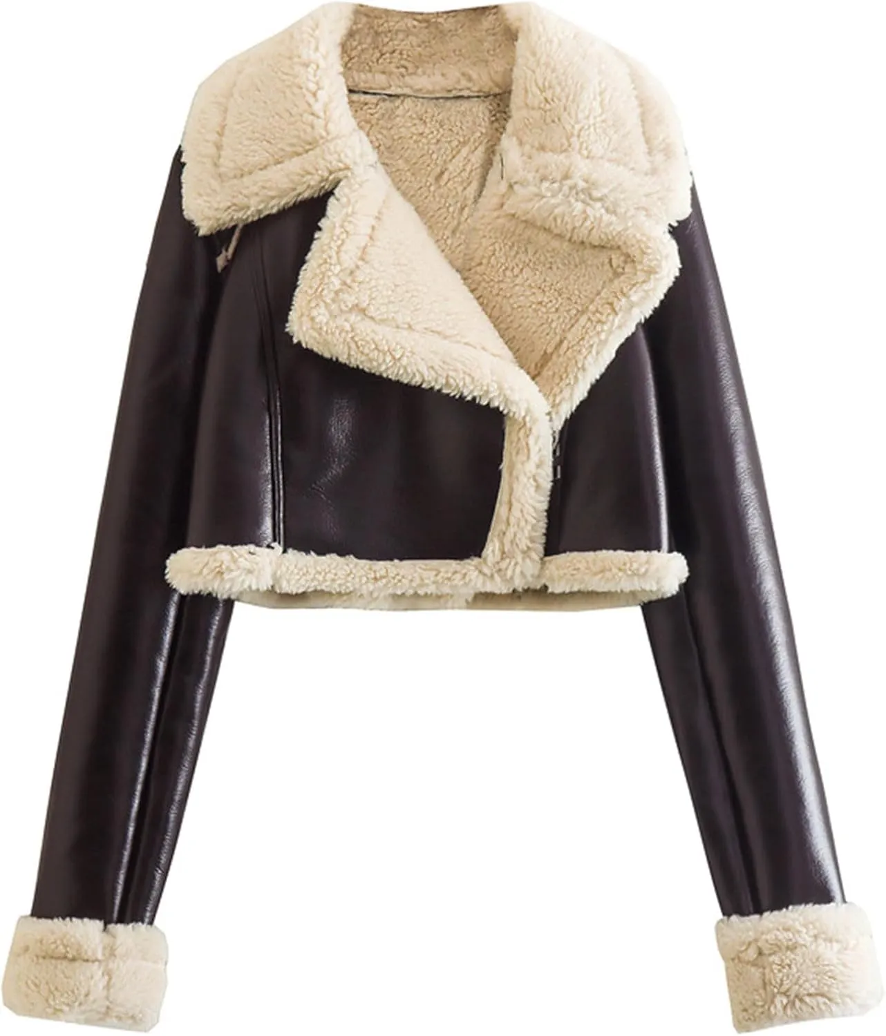 XUNRYAN Womens Faux Shearling Sherpa Faux-Leather Jackets Thick Fleece Lined Lapel Zipper Bomber Aviator Coat Winter Clothes