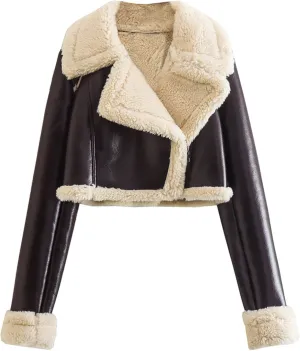 XUNRYAN Womens Faux Shearling Sherpa Faux-Leather Jackets Thick Fleece Lined Lapel Zipper Bomber Aviator Coat Winter Clothes