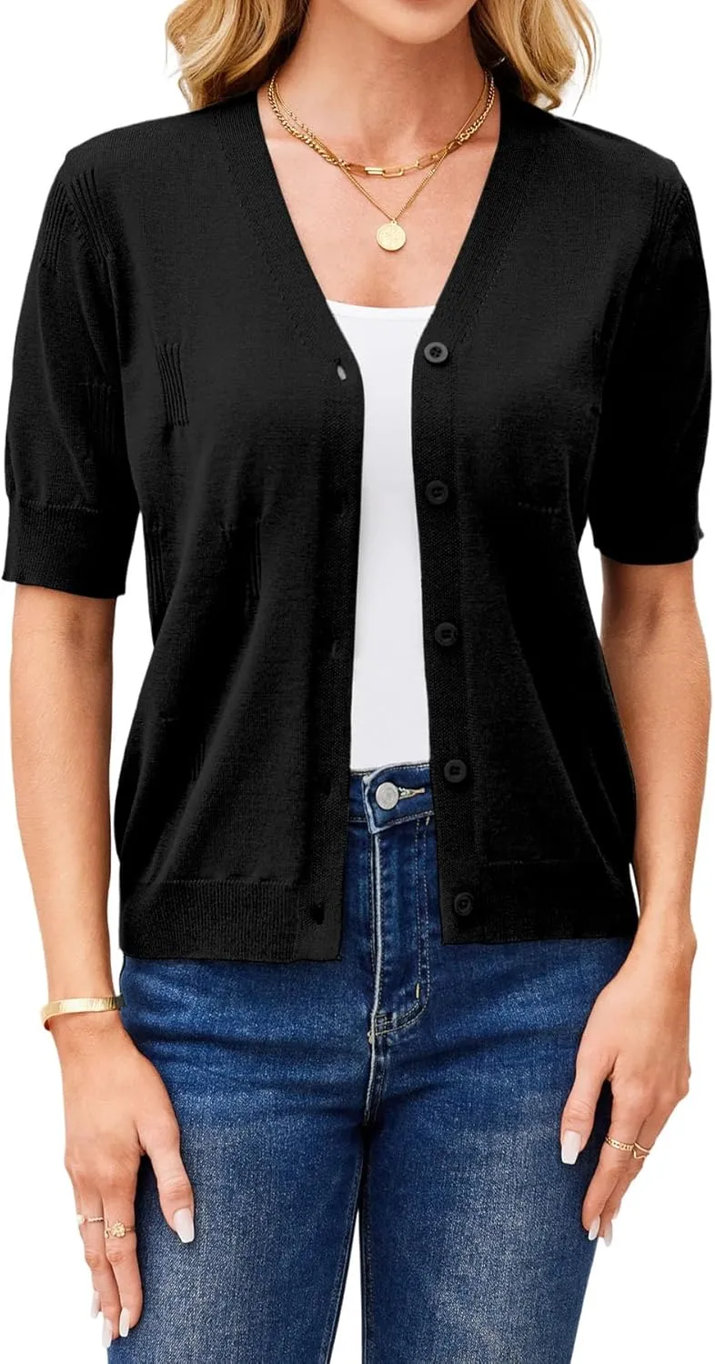 Yekaty Short Sleeve Cardigans for Women Lightweight Summer Sweaters Cropped V Neck Button Bolero Sweater