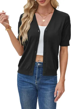 Yekaty Short Sleeve Cardigans for Women Lightweight Summer Sweaters Cropped V Neck Button Bolero Sweater