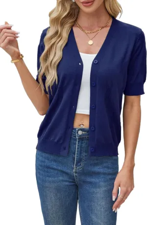 Yekaty Short Sleeve Cardigans for Women Lightweight Summer Sweaters Cropped V Neck Button Bolero Sweater